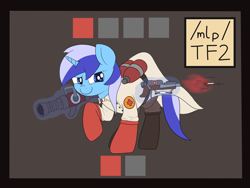 Size: 4000x3000 | Tagged: safe, minuette, pony, unicorn, g4, /mlp/ tf2 general, arrow, crossbow, grin, magic, medic, medic (tf2), medigun, smiling, solo, syringe, team fortress 2, telekinesis, text, weapon