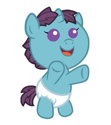 Size: 972x1102 | Tagged: oc name needed, safe, artist:mystery shore, oc, oc only, pony, unicorn, baby, baby pony, bipedal, cute, diaper, foal, horn, male, offspring, open mouth, open smile, parent:equaglimm, parent:oc: equivalent equations, parent:starlight glimmer, parents:canon x oc, simple background, smiling, solo, unicorn oc, upsies, white background
