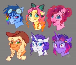 Size: 1598x1352 | Tagged: safe, artist:catmintyt, applejack, fluttershy, pinkie pie, rainbow dash, rarity, twilight sparkle, earth pony, pegasus, pony, unicorn, g4, alternate design, alternate hairstyle, alternate universe, applejack's hat, braid, bust, cowboy hat, glasses, goggles, goggles on head, gray background, hat, horn, mane six, open mouth, open smile, portrait, simple background, smiling