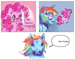 Size: 1167x924 | Tagged: safe, artist:axollungz, pinkie pie, rainbow dash, earth pony, pegasus, pony, g4, comic, duo, man i'm so hungry / how hungry, meme, open mouth, open smile, smiling, text, this will end in cupcakes