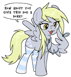 Size: 529x575 | Tagged: safe, artist:muffinz, derpy hooves, pegasus, pony, g4, :3, behaving like a dog, clothes, collar, innuendo, leash, pet play, pixel-crisp art, simple background, socks, solo, striped socks, text, white background, wing hands, wings