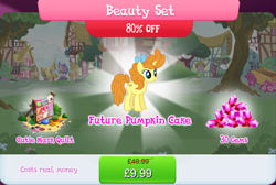 Size: 1271x856 | Tagged: safe, gameloft, pumpkin cake, pony, unicorn, g4, my little pony: magic princess, bow, bundle, bush, costs real money, english, female, gem, hair bow, horn, mare, mobile game, numbers, older, older pumpkin cake, quilt, sale, solo, text