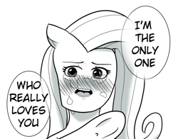 Size: 711x558 | Tagged: safe, artist:zan logemlor, fluttershy, pegasus, pony, g4, blushing, dialogue, female, floppy ears, grayscale, mare, monochrome, ponified manga, simple background, solo, speech bubble, talking, underhoof, white background