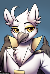 Size: 2000x3000 | Tagged: safe, artist:jedayskayvoker, oc, oc:tristan alastair, griffon, anthro, anthro oc, beak, bust, cheek feathers, chest feathers, clothes, ear feathers, eyebrows, folded wings, gradient background, griffon oc, high res, icon, looking at you, male, patreon, patreon reward, portrait, raised eyebrow, smiling, smiling at you, smug, solo, uniform, wings