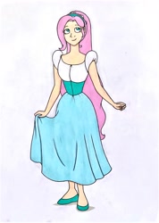 Size: 2497x3499 | Tagged: safe, artist:killerteddybear94, fluttershy, human, g4, alternate hairstyle, clothes, costume, crossover, cute, don bluth, dress, female, fluttershy day, high res, humanized, long hair, looking away, shyabetes, solo, thumbelina, thumbelina (1994), traditional art