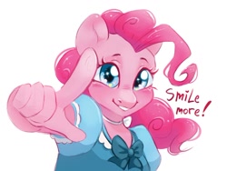 Size: 1388x1043 | Tagged: safe, artist:melodylibris, pinkie pie, earth pony, anthro, g4, blushing, clothes, cute, dialogue, diapinkes, dress, grin, looking at you, pointing at you, simple background, smiling, smiling at you, solo, talking to viewer, white background