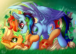 Size: 4093x2894 | Tagged: safe, artist:julunis14, applejack, rainbow dash, earth pony, pegasus, pony, g4, backwards cutie mark, couple, cute, duo, duo female, female, grass, heart, heart eyes, high res, imminent kissing, leaves, lesbian, looking at each other, looking at someone, lying down, mare, on back, orchard, ship:appledash, shipping, spread wings, wingding eyes, wings