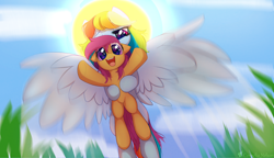 Size: 5200x3000 | Tagged: source needed, useless source url, safe, artist:cornelia_nelson, rainbow dash, scootaloo, pegasus, pony, g4, carrying, duo, explicit source, female, filly, flying, foal, grass, holding a pony, mare, open mouth, open smile, scootalove, smiling, spread wings, sun, wings