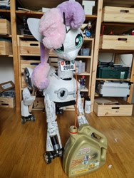 Size: 4000x3000 | Tagged: safe, artist:sweetie bot 2560, derpibooru exclusive, sweetie belle, oc, oc only, oc:sweetie bot 2560, pony, robot, robot pony, unicorn, g4, 3d print, drinking, drinking straw, electronics, engine oil, irl, jewelry, license plate, necklace, oil, photo, sweetie bot, switzerland