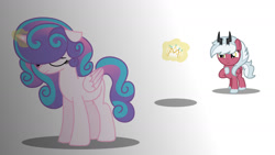 Size: 1280x720 | Tagged: safe, artist:stack-of-cookies, princess flurry heart, oc, oc:lovely glow, hybrid, pony, g4, base used, gradient background, interspecies offspring, magic, offspring, older, parent:cozy glow, parent:lord tirek, parents:cozirek, sad