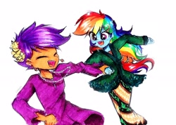 Size: 2304x1641 | Tagged: safe, artist:liaaqila, rainbow dash, scootaloo, human, equestria girls, g4, clothes, cute, cutealoo, dashabetes, dress, duo, duo female, eyes closed, female, flower, flower in hair, happy, jewelry, laughing, necklace, simple background, traditional art, white background