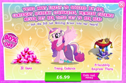 Size: 1960x1300 | Tagged: safe, gameloft, idw, princess cadance, alicorn, pony, g4, my little pony: magic princess, official, advertisement, clothes, costs real money, dress, ear piercing, earring, english, female, gem, horn, idw showified, implied shining armor, introduction card, jewelry, mare, mobile game, necklace, numbers, piercing, sale, shoes, solo, spread wings, text, tiara, wings, young cadance