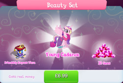 Size: 1267x856 | Tagged: safe, gameloft, idw, princess cadance, alicorn, pony, g4, my little pony: magic princess, official, bundle, clothes, concave belly, costs real money, dress, ear piercing, earring, english, female, gem, horn, idw showified, implied shining armor, jewelry, mare, mobile game, necklace, numbers, piercing, sale, shoes, slender, solo, spread wings, text, thin, tiara, wings, young cadance