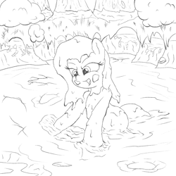 Size: 2400x2400 | Tagged: safe, artist:amateur-draw, oc, oc only, oc:phosphor flame, earth pony, pony, covered in mud, female, high res, mare, messy mane, monochrome, mud, mud bath, mud play, mud pony, muddy, scenery, solo, wet and messy