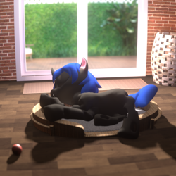 Size: 1080x1080 | Tagged: safe, artist:wubbydubbyda, oc, oc only, oc:swift dawn, changeling, 3d, ball, blender, blue changeling, blue mane, changeling oc, commission, door, eyes closed, fangs, hedge, horn, lying down, male, on side, pet bed, sleeping, solo, wingless