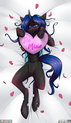 Size: 3000x5120 | Tagged: safe, artist:difis, oc, oc only, oc:swift dawn, changeling, bed, blue changeling, blue mane, blushing, changeling oc, commission, fangs, flower petals, high res, holiday, horn, looking at you, lying down, male, on back, shy, sign, signature, simple background, smiling, smiling at you, solo, valentine's day, white background, wings, ych result