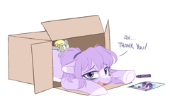 Size: 1200x700 | Tagged: safe, artist:higglytownhero, derpy hooves, twilight sparkle, oc, oc:mio (higglytownhero), alicorn, earth pony, pegasus, pony, g4, box, crayon, crayon drawing, cute, eye clipping through hair, female, lying down, mare, markings, open mouth, pony in a box, prone, simple background, traditional art, twilight sparkle (alicorn), white background