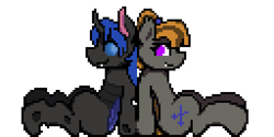 Size: 512x256 | Tagged: safe, artist:bitassembly, oc, oc only, oc:mythic dawn, oc:swift dawn, bat pony, changeling, pony, back to back, bat pony oc, blue changeling, blue eyes, blue mane, brother and sister, brown mane, changeling oc, commission, duo, fangs, female, hairband, horn, looking at each other, looking at someone, male, pixel art, ponytail, purple eyes, siblings, simple background, sitting, transparent background, wings, ych result