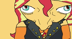 Size: 1022x550 | Tagged: safe, artist:zimbabwe, sunset shimmer, g4, 4chan, kubrick stare, looking at you, ms paint, orange background, shitposting, simple background, stylistic suck