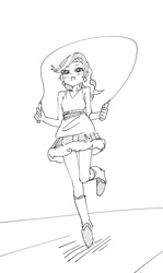 Size: 715x1199 | Tagged: safe, artist:invisibleone11, diamond tiara, human, equestria girls, g4, barrette, clothes, cute, diamondbetes, dress, ear piercing, earring, jewelry, jump rope, jumping, monochrome, piercing, shoes, sidewalk, simple background, sketch, skipping, solo, traditional art