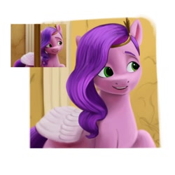 Size: 1200x1200 | Tagged: safe, artist:redquoz, screencap, pipp petals, pegasus, pony, g5, my little pony: a new generation, spoiler:g5, spoiler:my little pony: a new generation, adorapipp, cropped, cute, diadem, female, folded wings, looking offscreen, mare, open mouth, open smile, raised hoof, redraw, screencap reference, smiling, smirk, solo, wings