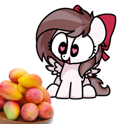 Size: 800x800 | Tagged: safe, artist:sugar morning, oc, oc:aurelleah, oc:aurry, pegasus, pony, g4, bow, chibi, clothes, colored wings, colored wingtips, cute, female, food, hair bow, heart, heart eyes, herbivore, looking at mangoes, looking at something, mango, mare, ocbetes, open mouth, simple background, sitting, smiling, solo, white background, wingding eyes, wings