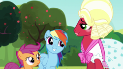 Size: 1280x720 | Tagged: safe, screencap, big macintosh, rainbow dash, scootaloo, earth pony, pegasus, pony, brotherhooves social, g4, bloomers, clothes, crossdressing, dress, female, filly, foal, male, mare, orchard blossom, stallion, trio