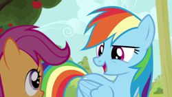 Size: 1280x720 | Tagged: safe, screencap, rainbow dash, scootaloo, pony, brotherhooves social, g4, apple, duo, female, filly, foal, food, open mouth