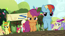 Size: 1280x720 | Tagged: safe, screencap, alula, apple bloom, big macintosh, carrot top, cloud kicker, golden harvest, noi, pluto, rainbow dash, scootaloo, sea swirl, seafoam, earth pony, pegasus, pony, brotherhooves social, g4, crossdressing, male, orchard blossom, stallion