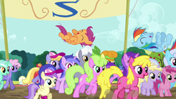 Size: 1280x720 | Tagged: safe, screencap, alula, amethyst star, big macintosh, carrot top, cherry berry, cloud kicker, daisy, dinky hooves, flower wishes, golden harvest, linky, lyra heartstrings, pluto, rainbow dash, rainbowshine, royal riff, ruby pinch, scootaloo, sea swirl, seafoam, shoeshine, sparkler, pony, brotherhooves social, g4