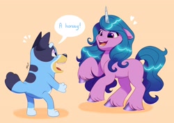 Size: 4096x2896 | Tagged: safe, artist:haruh_ink, izzy moonbow, dog, pony, unicorn, semi-anthro, g5, australian cattle dog, bluey, bluey heeler, crossover, cute, dialogue, duo, duo female, eye contact, eyebrows, female, floating heart, happy, heart, high res, izzybetes, looking at each other, looking at someone, open mouth, open smile, orange background, rearing, shadow, signature, simple background, smiling, smiling at each other, speech bubble, standing on two hooves, unshorn fetlocks