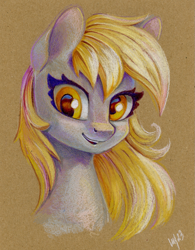 Size: 935x1200 | Tagged: safe, artist:maytee, part of a set, derpy hooves, pegasus, pony, g4, bust, colored pencil drawing, derp, portrait, smiling, solo, traditional art