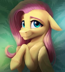 Size: 3159x3499 | Tagged: safe, artist:klarapl, fluttershy, pegasus, pony, g4, abstract background, bust, cute, female, floppy ears, folded wings, high res, looking at you, mare, raised hoof, shyabetes, smiling, smiling at you, solo, wings