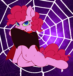 Size: 1825x1904 | Tagged: safe, artist:bluemoon, pinkie pie, earth pony, pony, g4, cape, fangs, female, full body, halloween, holiday, mare, nightmare night, solo, spider web, vampire costume
