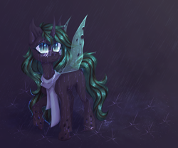 Size: 5600x4667 | Tagged: safe, artist:jsunlight, oc, changeling, pony, clothes, concave belly, curved horn, glasses, horn, long mane, rain, raised hoof, scarf, slit pupils, solo, turned head