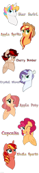 Size: 534x2338 | Tagged: safe, artist:faith-wolff, oc, oc only, oc:apple posey, oc:apple spritz, oc:cherry bomber, oc:crystal waves, oc:cupcake, oc:kindle sparz, oc:star swirl, pegasus, pony, unicorn, bust, cowboy hat, female, freckles, grin, hair over one eye, hat, horn, male, mare, name, offspring, one eye closed, open mouth, open smile, parent:applejack, parent:big macintosh, parent:cheese sandwich, parent:dumbbell, parent:flim, parent:fluttershy, parent:pinkie pie, parent:rainbow dash, parents:cheesepie, parents:dumbdash, parents:flimjack, parents:fluttermac, pegasus oc, simple background, smiling, stallion, transparent background, unicorn oc, wink