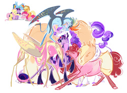 Size: 1280x944 | Tagged: safe, artist:shirecorn, applejack, fluttershy, pinkie pie, rainbow dash, rarity, twilight sparkle, earth pony, pegasus, pony, unicorn, g4, curved horn, horn, leonine tail, mane six, redesign, simple background, size difference, tail, unshorn fetlocks, white background