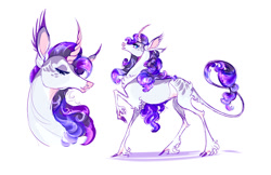 Size: 1280x828 | Tagged: safe, artist:shirecorn, rarity, classical unicorn, pony, unicorn, g4, chest fluff, cloven hooves, curved horn, fetlock tuft, horn, leonine tail, simple background, solo, tail, unshorn fetlocks, white background