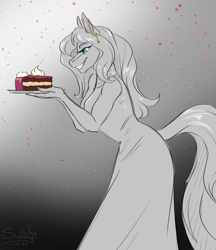Size: 1208x1400 | Tagged: safe, artist:sunny way, earth pony, anthro, birthday, birthday cake, cake, clothes, dress, dressed, ear piercing, earring, female, food, happy, happy birthday, jewelry, mare, party, patreon, patreon reward, piercing, smiling, solo