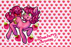 Size: 800x527 | Tagged: safe, artist:plagioclasefeldspar, strawberry surprise, earth pony, pony, g1, bow, female, food, mare, raised hoof, raised leg, smiling, strawberry, tail, tail bow, traditional art