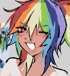 Size: 900x980 | Tagged: safe, artist:gorkujo, rainbow dash, human, g4, bust, female, gray background, humanized, lips, looking at you, one eye closed, simple background, smiling, smiling at you, solo, wink