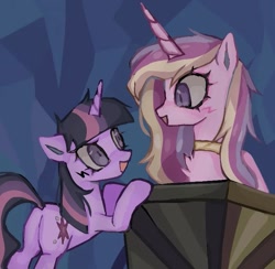 Size: 761x744 | Tagged: safe, artist:gorkujo, princess cadance, twilight sparkle, alicorn, pony, unicorn, a canterlot wedding, g4, butt, cart, duo, duo female, female, floppy ears, horn, looking at each other, looking at someone, mare, open mouth, open smile, plot, redraw, scene interpretation, sisters-in-law, smiling, twibutt, unicorn twilight