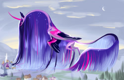 Size: 1280x828 | Tagged: safe, artist:shirecorn, twilight sparkle, alicorn, pony, g4, cloud, cloudy, giant pony, head wings, impossibly long mane, impossibly long neck, impossibly long tail, large wings, leonine tail, long mane, long neck, long tail, macro, moon, multiple wings, necc, ponyville, redesign, solo focus, stylized, tail, thin, thin legs, twilight sparkle (alicorn), twilight's castle, wings