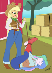 Size: 2480x3508 | Tagged: safe, artist:reminic, applejack, princess celestia, principal celestia, human, equestria girls, g4, angry, belt, bondage, boots, clothes, cowboy boots, cowboy hat, cowgirl, cowgirl outfit, cross-popping veins, denim, emanata, eyes closed, farm, grin, hat, hay bale, high res, hogtied, jeans, looking down, lying down, on back, open mouth, open smile, pants, rope, shoes, smiling, stetson, tied up, tree