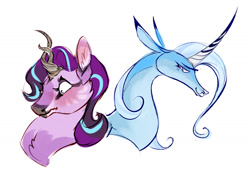 Size: 1280x908 | Tagged: safe, artist:shirecorn, starlight glimmer, trixie, pony, unicorn, g4, bust, curved horn, duo, female, horn, lesbian, ship:startrix, shipping, simple background, white background