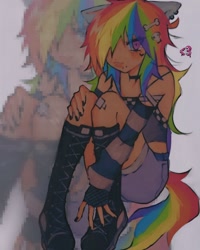 Size: 1280x1600 | Tagged: safe, artist:gorkujo, rainbow dash, human, g4, eared humanization, female, heart, humanized, looking at you, piercing, sitting, solo, tail, tailed humanization, zoom layer