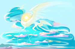 Size: 1280x828 | Tagged: safe, artist:shirecorn, princess celestia, alicorn, pony, g4, butt wings, cloud, giant pony, giantlestia, head wings, macro, multiple wings, solo, sun, wings