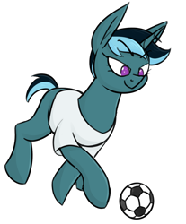 Size: 1032x1249 | Tagged: safe, artist:moonatik, oc, oc only, oc:sol nightshade, pony, unicorn, clothes, fanfic art, foal, football, horn, shirt, simple background, solo, sports, transparent background, unicorn oc, younger