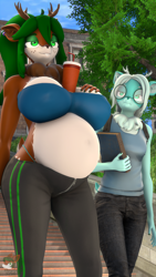 Size: 2160x3840 | Tagged: safe, artist:donglysfm, oc, oc:aspen frost, oc:tea tree, deer, anthro, 3d, antlers, belly, big belly, big breasts, breasts, bucktooth, clothes, deer oc, female, glasses, hands-free bubble tea challenge, high res, midriff, non-pony oc, pants, pregnant, revamped anthros, siblings, sisters, source filmmaker, sweatpants, tube top, younger