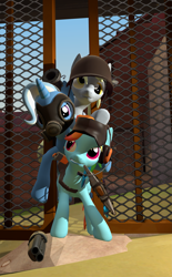 Size: 1555x2516 | Tagged: safe, artist:xafilah, derpy hooves, rainbow dash, trixie, earth pony, pegasus, pony, unicorn, g4, /mlp/ tf2 general, 3d, axtinguisher, beggar's bazooka, female, gate, gmod, gun, mare, pyro (tf2), scattergun, scout (tf2), soldier, soldier (tf2), team fortress 2, trio, weapon